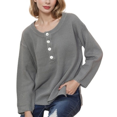Anna-Kaci Women's Contrast Half Button Henley Down Textured Sweater