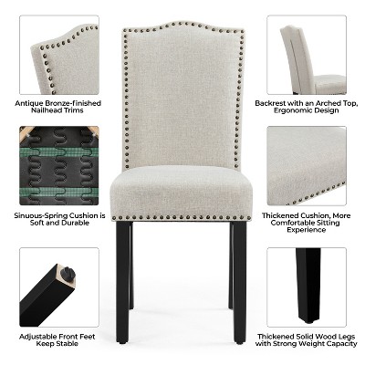 Beige Upholstered Dining Chairs with Nailhead Trim, Set of 2