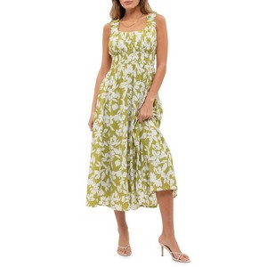 August Sky Women's Wide Straps Ruched Bodice Floral Midi Dress - 1 of 4