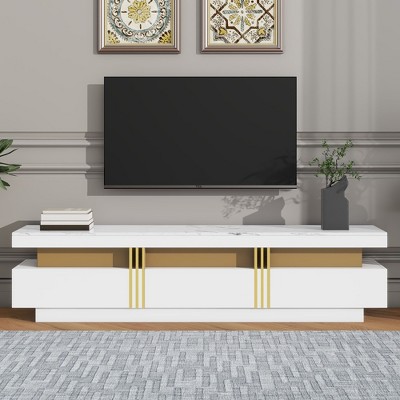 Airsurfer Modern White TV Stand with Faux Marble Top, Gold Panel Design, and 3 Drawers, Fits TVs Up to 78" for Living Room