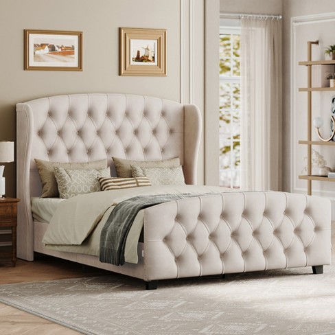 VASAGLE Queen Bed Frame with Tall Headboard, Upholstered Platform Bed Frame Queen Size, with Wingback Tufted Headboard  Cappuccino Beige - image 1 of 4