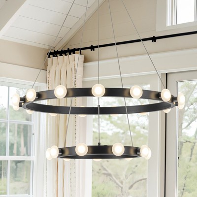 Rennnsan Glendara 34"W Tiered Wagon Wheel Industrial LED Dimmable Chandelier in Black