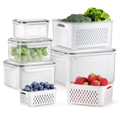 Sealed Drainable Freshness Boxes, Set of 5 with Strainer and Lids, Vegetable and Fruit Storage Containers