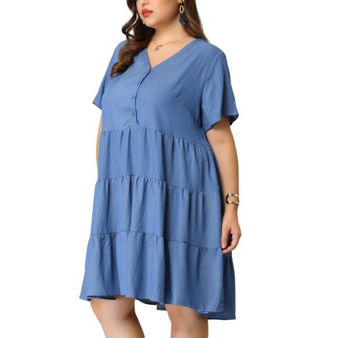 Agnes Orinda Women's Plus Size Tiered V Neck Short Sleeve Chambray T ...