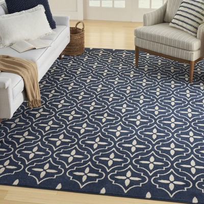 Navy and White Moroccan Trellis Synthetic Outdoor Rug, 5' x 7'