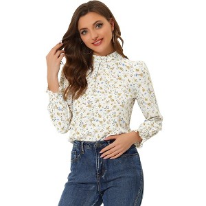 Allegra K Women's Smocked Cuffs Puff Sleeve Ruffled Neck Vintage Polka Dots Blouses - 1 of 4