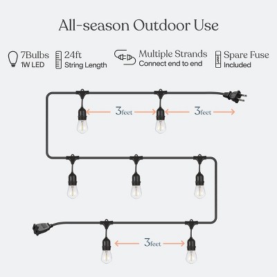 Brightech 7-Bulb LED Ambience Pro 1W 24ft 2700K S14 Indoor Outdoor Plug-in Hanging String Lights Clear Bulb Black Wire