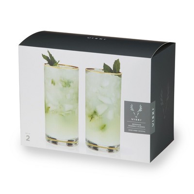 Gold Rimmed Clear Rippled Highball Glasses Set of 2, 15oz