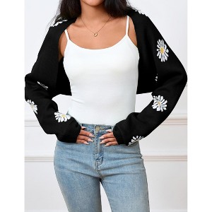 Women's Cropped Cardigan Sweater Floral Shrugs Long Sleeve Open Front Knit Top - 1 of 4