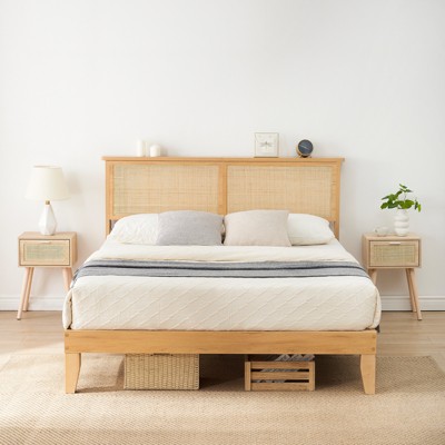 Rattan Bed Frame Queen, Boho Bed Frame with Natural Rattan Headboard, Led Lights, Wooden Support Legs and Slats, Noise-Free, No Box Spring Needed