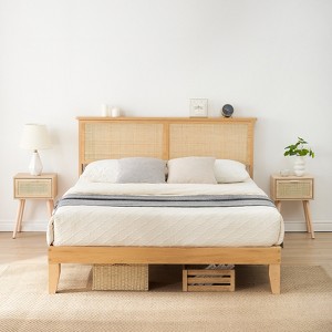 Rattan Bed Frame Queen, Boho Bed Frame with Natural Rattan Headboard, Led Lights, Wooden Support Legs and Slats, Noise-Free, No Box Spring Needed - 1 of 2