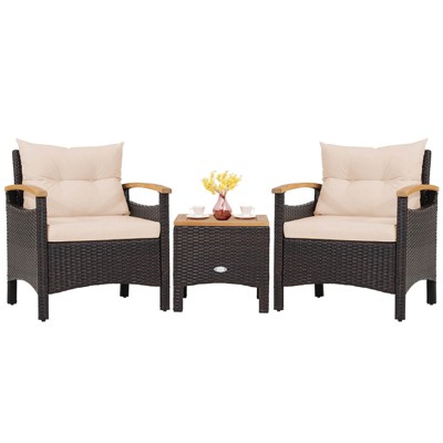 Tangkula Set of 3 Outdoor Rattan Sofa Set with Coffee Table Patio Conversation Set with Removable Cushion Cozy Acacia Wood Armrests
