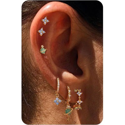 Paaaawaters Dainty 14k Gold Plated Earrings Set for Women Hypoallergenic Small Ivy Flower Star Huggie Hoop Dangle Pearl Cartilage Earrings