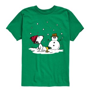 Boys' - Peanuts - Snoopy Woodstock Snowman Short Sleeve Graphic T-Shirt - 1 of 4