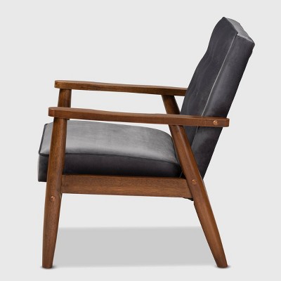 Mid-Century Modern Gray Velvet and Walnut Wood Accent Chair