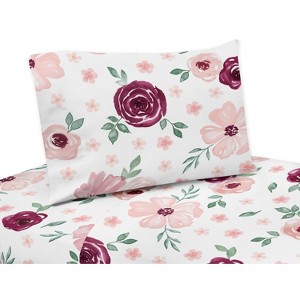 Sweet Jojo Designs Girl Kids Twin Sheet Set Watercolor Floral Pink White and Green 3pc - 1 of 4