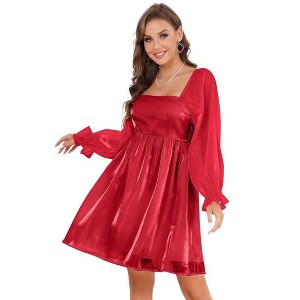 Womens Puff Sleeve Square Neck Puffy Dress Babydoll Mesh Mini Dress - 1 of 4