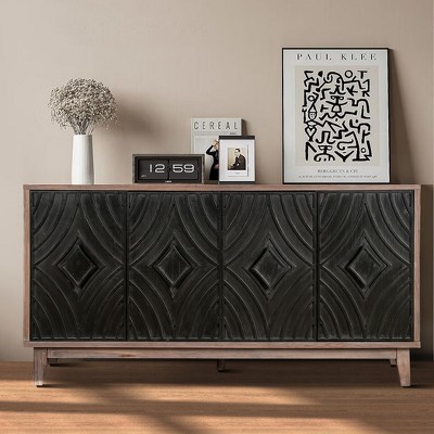 60" Mid Century Sideboard Buffet Kitchen Storage Cabinet, with 4 Convex pattern diamond Doors and 2 Shelves Accent, for Entrance, Hall