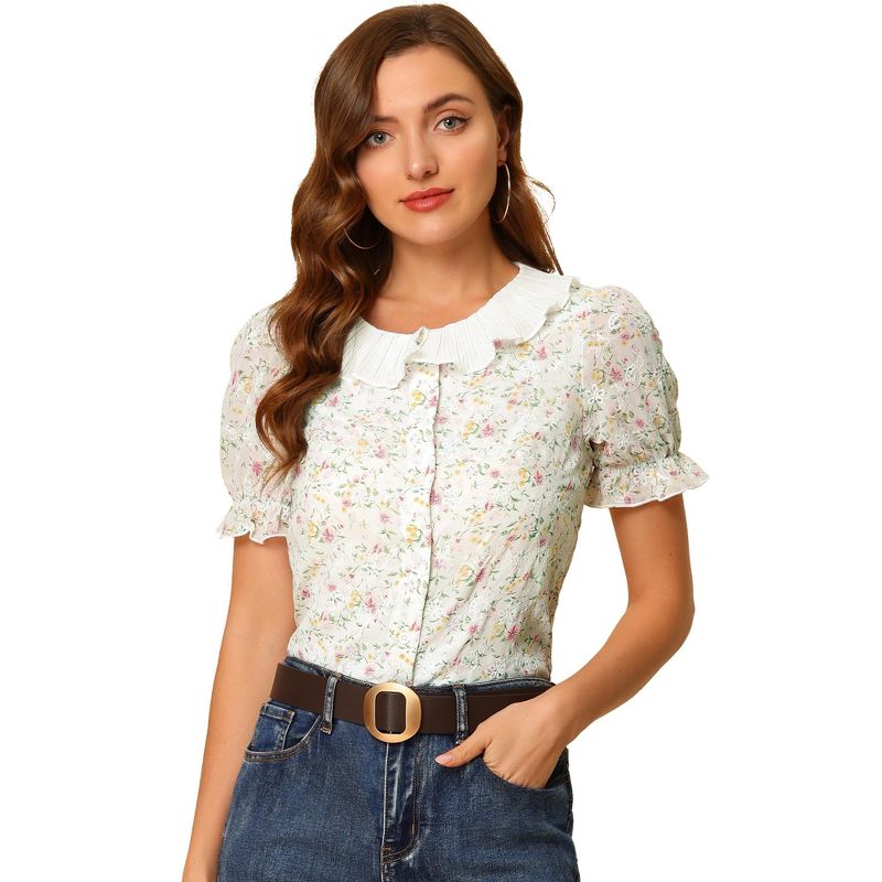 Allegra K Women's Floral Embroidered Shirt Pleated Round Neck Ruffle Peasant Top, 1 of 7