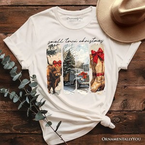 Small Town Christmas T‑Shirt, Highland Cow Rustic Western Cowgirl Holiday Tee Natural XS - 1 of 4