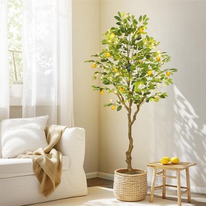 6FT Artificial Lemon Tree with 50 Lights - Realistic Faux Plant with Fruit, Lifelike Leaves, Pre-Potted for Home, Office, Living Room Decor - 1 of 4