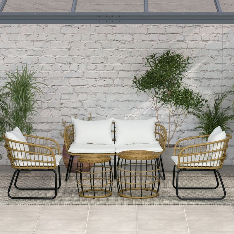 Outsunny 5 Piece PE Rattan Outdoor Furniture Set with Cushioned Chairs, Loveseat Sofa & Stackable Coffee Tables, 2 of 7