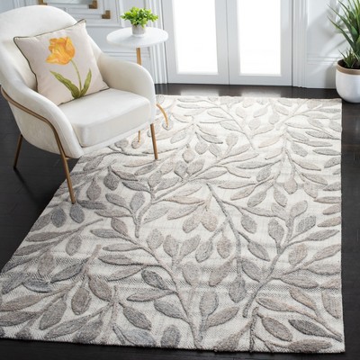 Beige and Gray Handmade Wool Botanical Area Rug, 5' x 8'