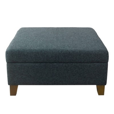 Navy Textured Fabric Square Storage Ottoman with Walnut Legs