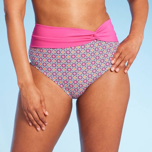 Lands' End Women's Upf 50 Full Coverage Geo Print High Waist Twist-front  Bikini Bottom - Pink/orange Xl : Target