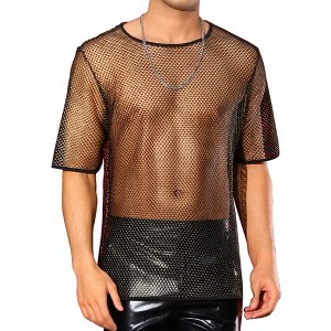 INSPIRE CHIC Men's See Through Short Sleeves Party Shiny Mesh Sheer T-Shirt - 1 of 4