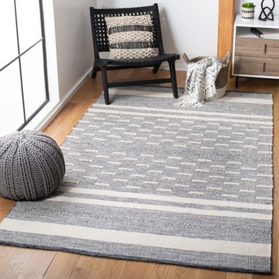 Ivory and Navy Striped Flat Woven Wool Cotton Area Rug