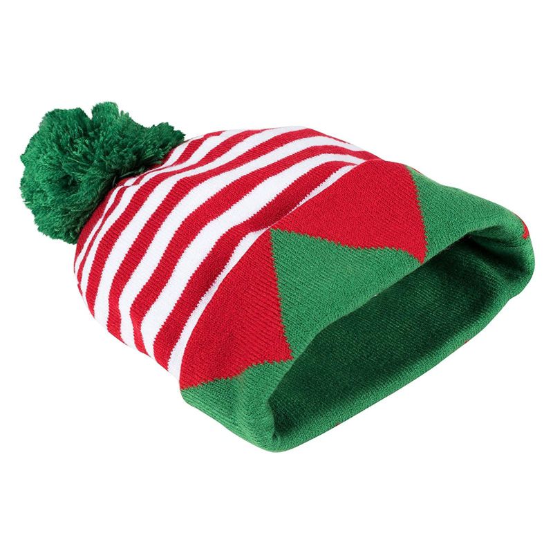 Juvale 2 Pack Christmas Elf Hats for Adults, Striped Holiday Beanies with Green Pom Poms, 5 of 6