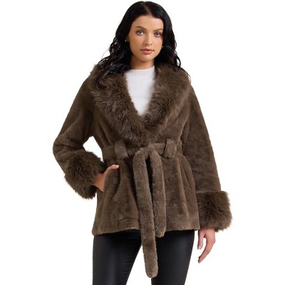 INSPIRE CHIC Women's Faux Fur Winter Lapel Shaggy Warm Fluffy Jacket with Pockets