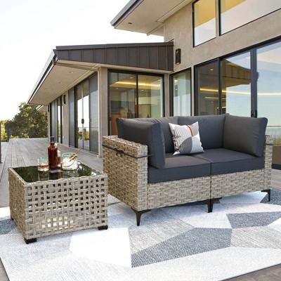XIZZI Wicker Loveseat Small Couch, 2 Seater Sofa, All Weather Rattan Furniture with Solar Coffee Table for Balcony Yard Poolside Garden