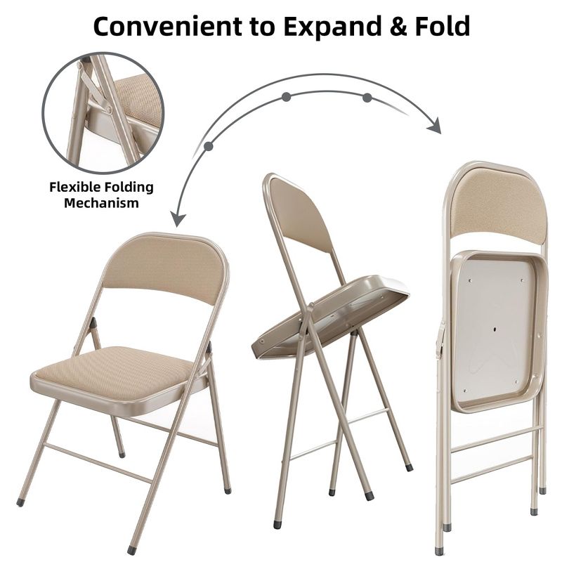 SKONYON 4 Pack Metal Padded Folding Chairs Comfortable Cushion for Home Office Indoor Outdoor Use Khaki, 3 of 7