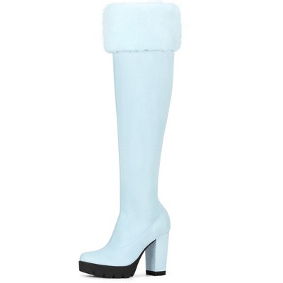 BLISSFUL STEP Women's Chunky Heel Platform Faux Fur Zipper Over Knee High Boots