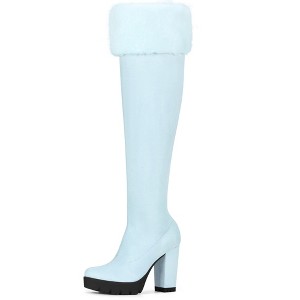 BLISSFUL STEP Women's Chunky Heel Platform Faux Fur Zipper Over Knee High Boots - 1 of 4