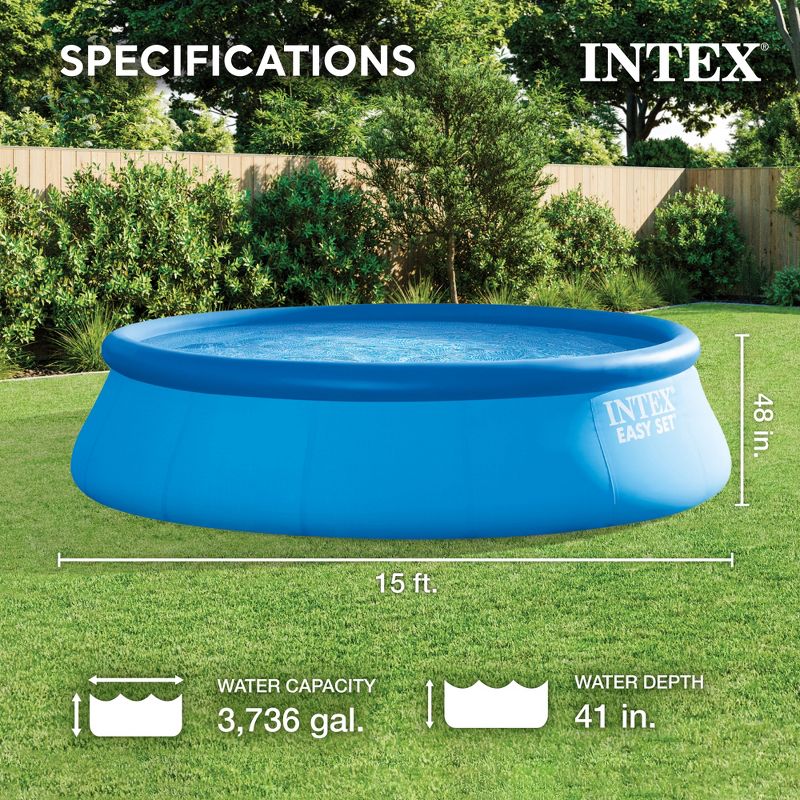 Intex Easy Set 15 Foot Round Inflatable Outdoor Backyard Above Ground Family Swimming Pool with Ladder and Pump for Kids and Adults, Blue, 2 of 7
