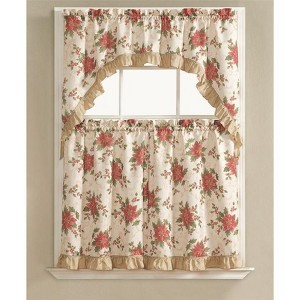 GoodGram Christmas Poinsettia Holly 3 Piece Kitchen Curtain Tier & Swag Set by GoodGram - 58 in. W x 15 in. L - 1 of 1