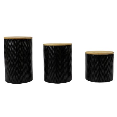 Home Basics Wave 3 Piece Ceramic Canister Set with Bamboo Top, Black