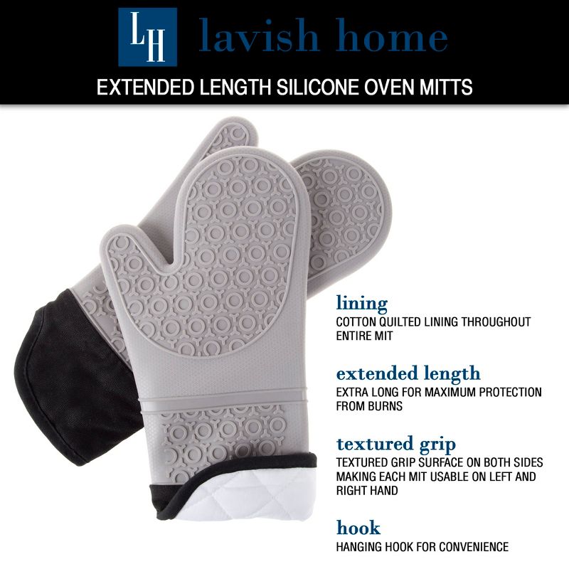 Hastings Home Extra-Long Silicone Oven Mitts - Heat-Resistant and Waterproof Potholders with Quilt Lining and 2-Sided Textured Grip, 4 of 7