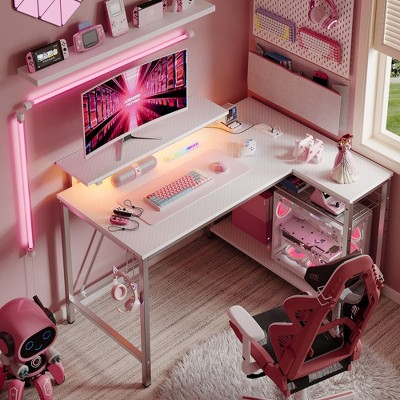 Bestier Gaming Small L-Shaped Gaming Desk with Power Outlets，White