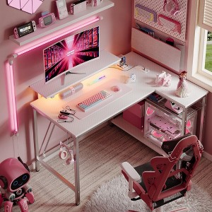 Bestier Gaming Small L-Shaped Gaming Desk with Power Outlets，White - 1 of 4
