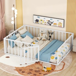 Full Size Metal Floor Bed Frame with Fence and Door, Black - 1 of 4