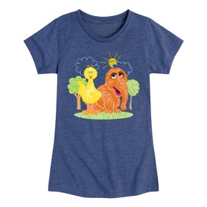 Girls' - Sesame Street - Scribble Big Bird Snuffleupagus Fitted Short Sleeve Graphic T-Shirt - 1 of 4