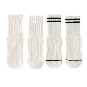 Anna-Kaci Women's 2-Pair Set Crew Athletic Socks with Striped Cuffs and Full Sole Grip for Yoga Fitness - 1 of 4