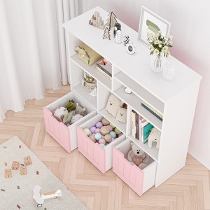 Toy Storage Organizer – Kids Bookshelf with 3 Movable Drawers, Toddler Bookcase Cabinet for Bedroom, Playroom, Nursery (Pink White), Easy Assembly - 1 of 4