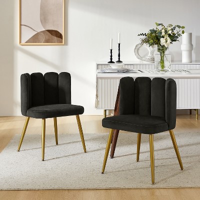Set of 2 Barbara Contemparary Velvet Vanity Stool For Makeup Room, Moden Accent Side Chairs For Living Room With Shell Back And Golden Metal Legs| ARTFUL LIVING DESIGN