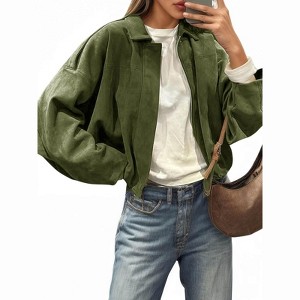 Imily Bela Womens Faux Suede Bomber Jackets Oversized Cropped Zip Up Lapel Coats Fall Casual Outerwears - 1 of 4