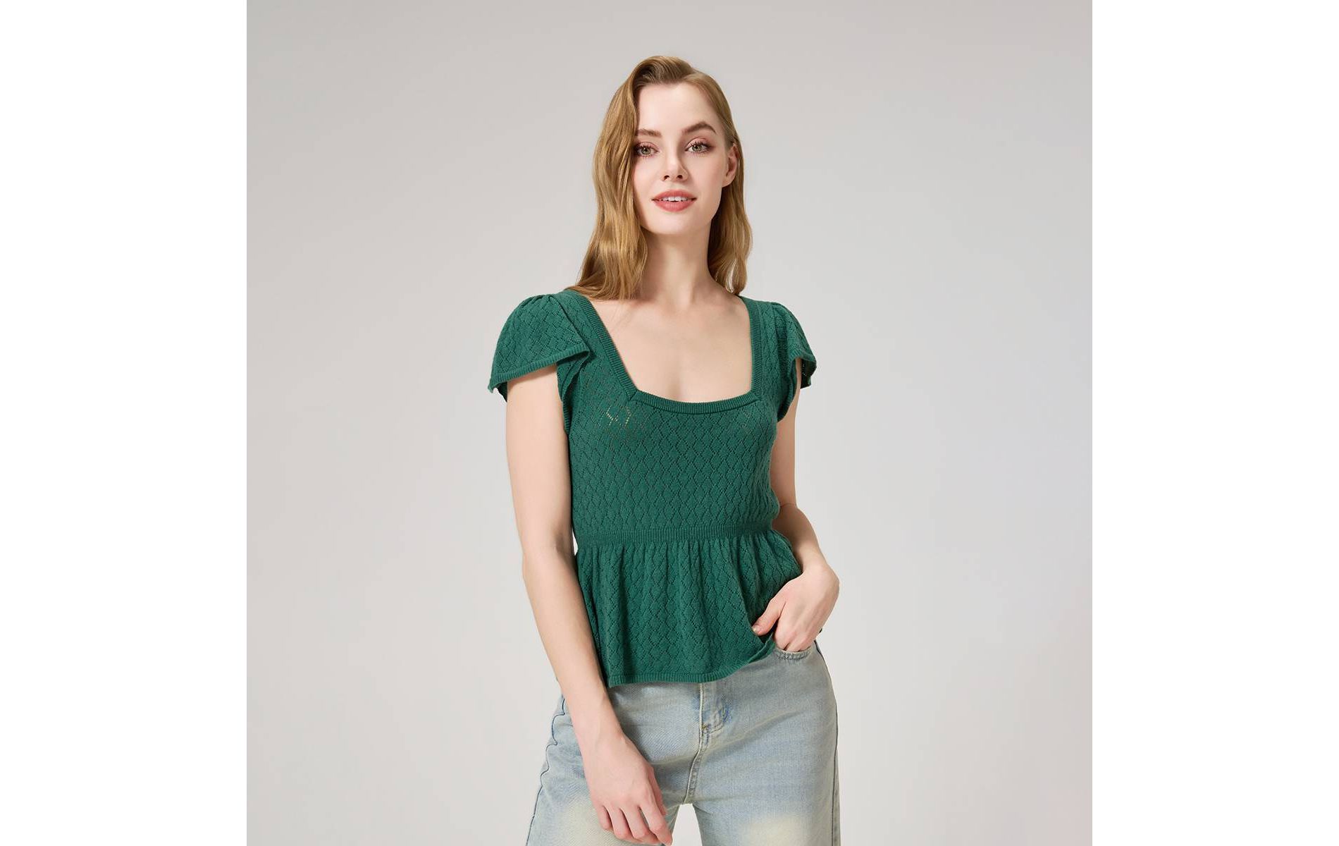 Women's Flutter Cap Sleeve Pointelle Square Neck Babydoll Sweater - Wild Fable™